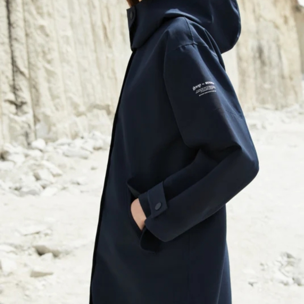 Navy Blue Wool Blend Trench Coat with High Collar
